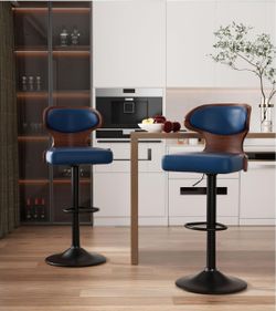 Nalupatio Bar Stools Set of 2, Bentwood Swivel Barstools Seat Adjustable Height 24.5-33.5IN with Back & Footrest - PU Leather Upholstered Bar Chair fo