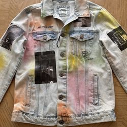 Zara Man RARE Denim Jacket With Pictures Patches Print Colors Pain Size small 