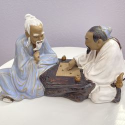 Vintage Porcelain Clay Asian Men Playing Chess 