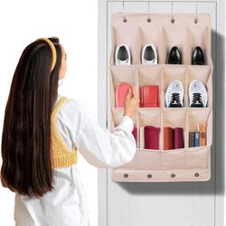 Over the Door Shoe Organizer Hanging Shoe Organizer with 12 Large Pockets and 8 Metal Hooks Wall Shoe Rack, Storage For 12 pairs of shoe, Toys Hats Sn