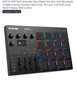 EMP16 MIDI Pad Controller Beat Maker Machine With Bluetooth, 16 RGB Velocity Sensitive Beat Pads, 16 Level, Full/Half Level, OLED Display, MIDI In/Out