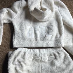 RARE Bebe Cozy White Hooded Fleece Set with Logo Hoodie Size S and Pants M