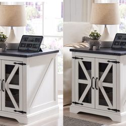 Set of 2 Farmhouse End Table, Nightstands, 24" Large Sofa Side Table with Charging Station, Mesh Barn Door, and Adjustable Storage Shelf