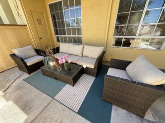 Patio Wicker Conversation Set - Sofa, 2 Chairs & Glass Coffee Table - Excellent Condition