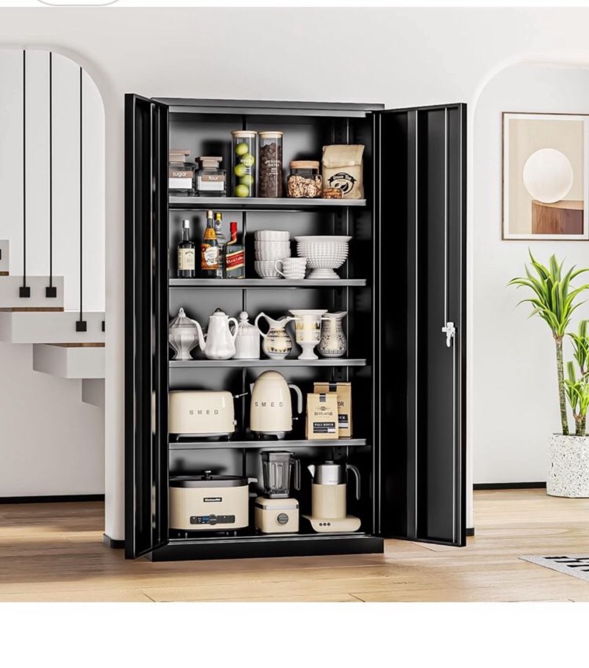 Black Metal Storage Cabinet with Lock,72" Tall Lockable Garage Storage Cabinet with Doors and Shelves, Cabinets for Home Office, Warehouse