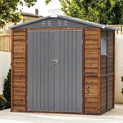 New in Box 6x4 FT Metal & Wood Outdoor Storage Brown Wood Shed w/ Sloping Roof Double Lockable Door