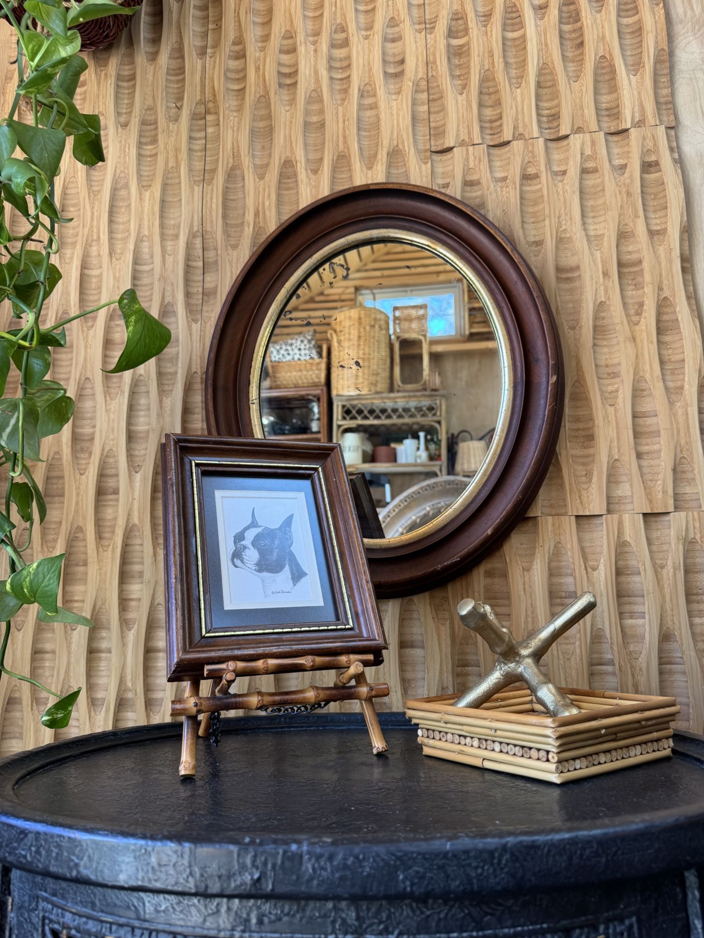 Boston Terrier Dog Art Solid Dark Wood Frame Gold Accent Earl Sherwan Signed Gallery Wall Portrait