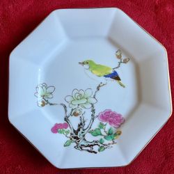 OTAGIRI MING GARDEN BIRD GOLD TRIM PORCELAIN OCTAGONAL PLATE Japan  