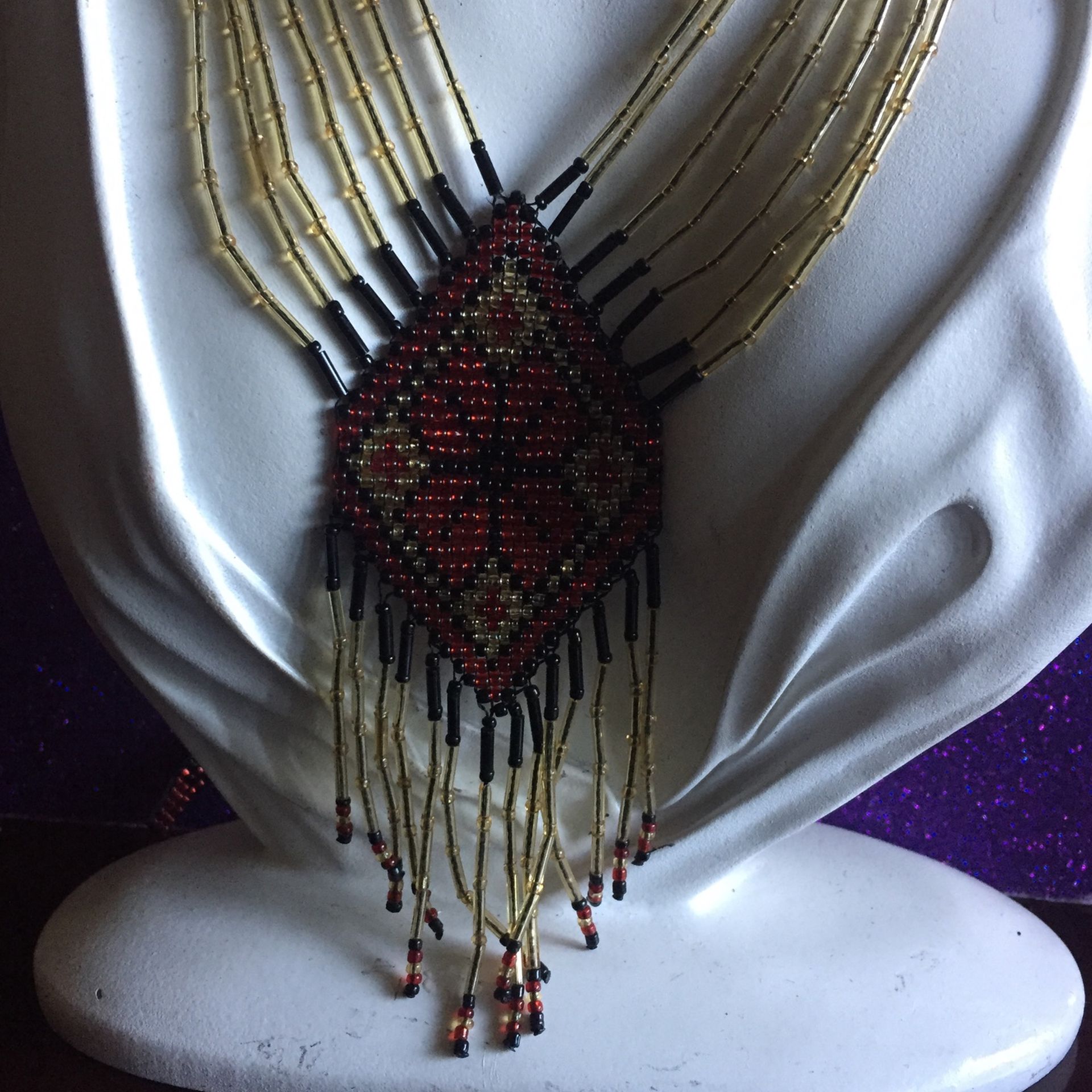 Gold, Red And Black Tone Fringed Necklace Iridescent Beads Ethnic Tribal Southwestern 