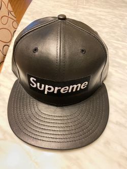 Supreme black leather new era hat