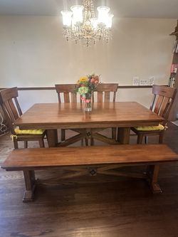 Rubberwood dining table w/ 4 chairs, cushions, and bench