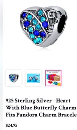 925 Sterling Silver - Heart With Blue Butterfly Charm  Pandora Charm Bracelets
