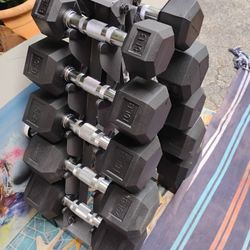 SET OF RUBBER HEX  DUMBBELLS  :  5s  thru  25s  &   {Space Saving} PYRAMID  DUMBBELL  RACK  (PAIRS  OF)  :  5s  10s  15s  20s  25s 