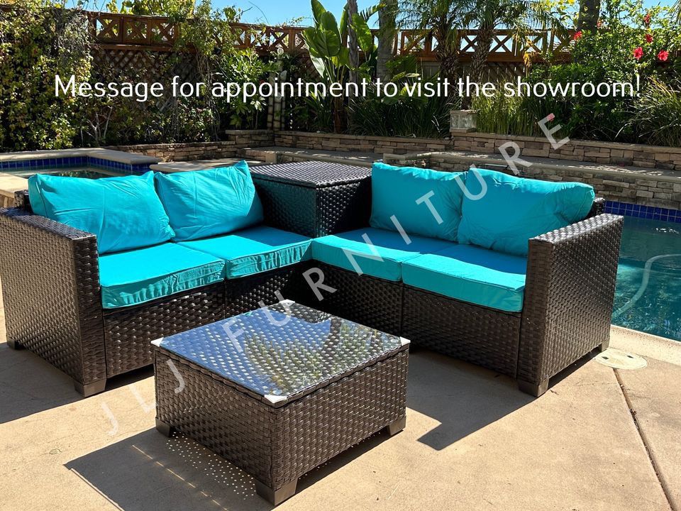 NEW🔥Outdoor Patio Furniture Set Brown Wicker Turquoise Cushions Storage and Cover