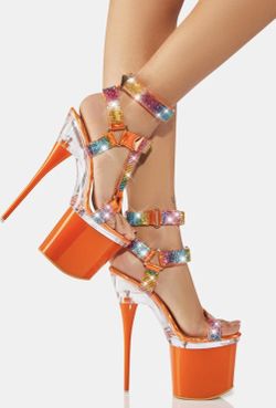 orange with rainbow colored rhinestones double strap heels