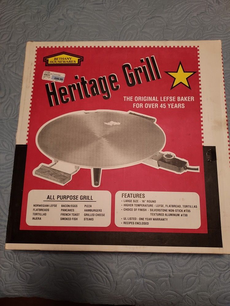 Heritage Grill for Lefsa, 2 ricers, rolling pin, canvas matt, wooden spatula and turner stick, and recipe book.