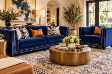 Luxury Navy Blue Velvet Sofa & Oversized Armchair Set