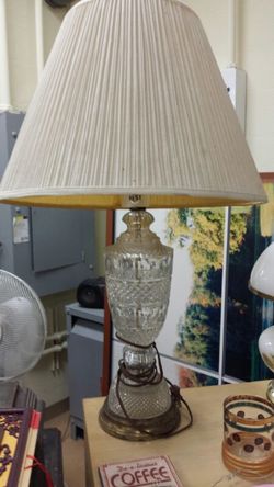 Cut glass table lamp with shade