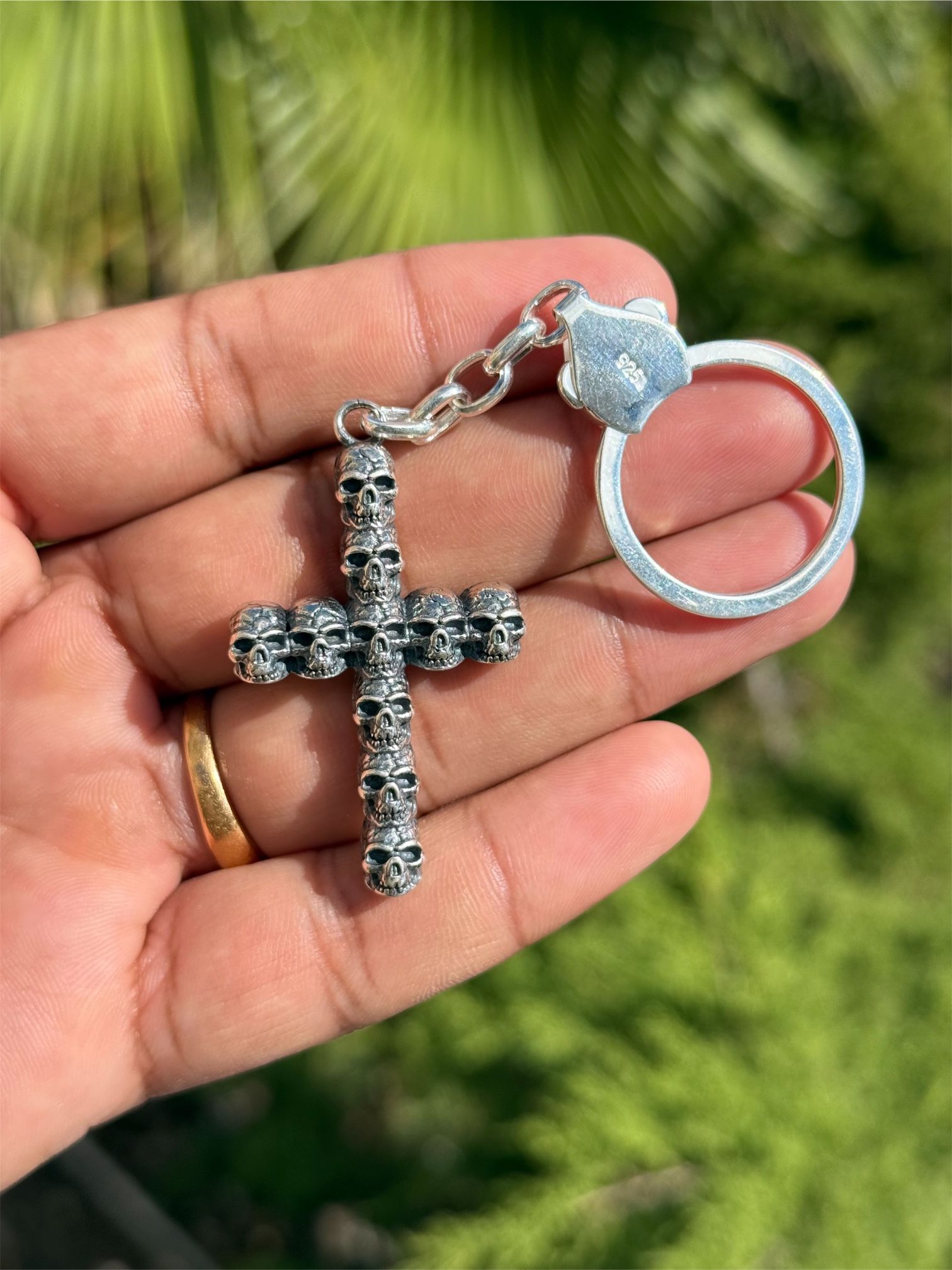 925 Sterling Silver Skull Cross Keychain – Solid 28.5g Gothic Design