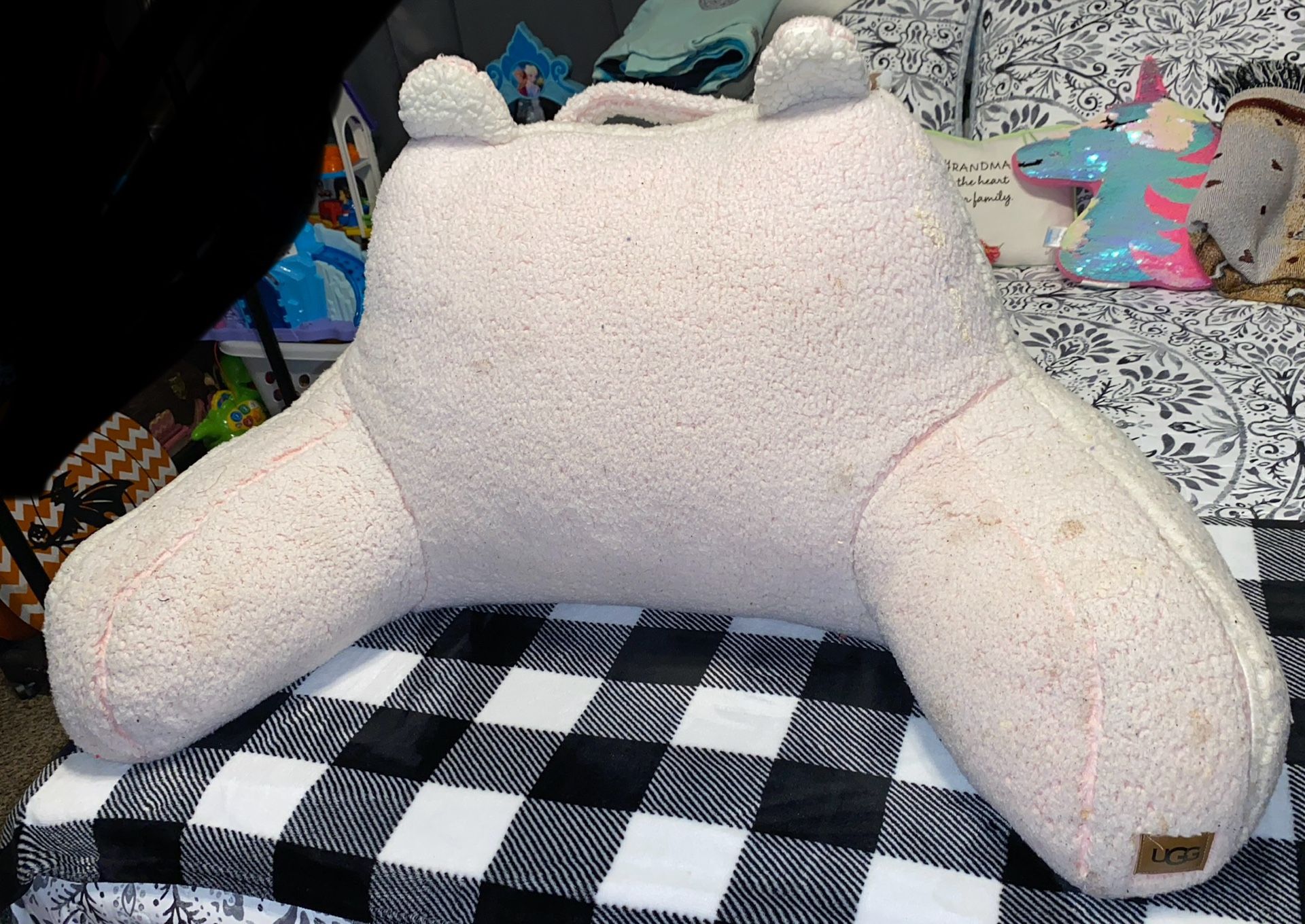 UGG Casey Frosted Sherpa Pink/White Plush Fleece Backrest Pillow 30” X 17”has some small stains