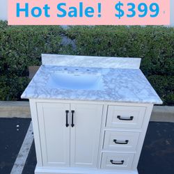 36”white single sink bathroom vanity with carrara white marble stone top