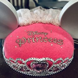 DISNEY PARK MINNIE MOUSE PRINCESS EARS HAT PINK BRIDAL VEIL TIARA CROWN