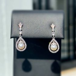 Jewelry sterling silver diamonds pearl 0.10CTW beautiful drop earrings