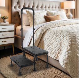2 Step Stool with Handle - Bed Steps for High Beds with Adjustable Handrail & Non-Slip