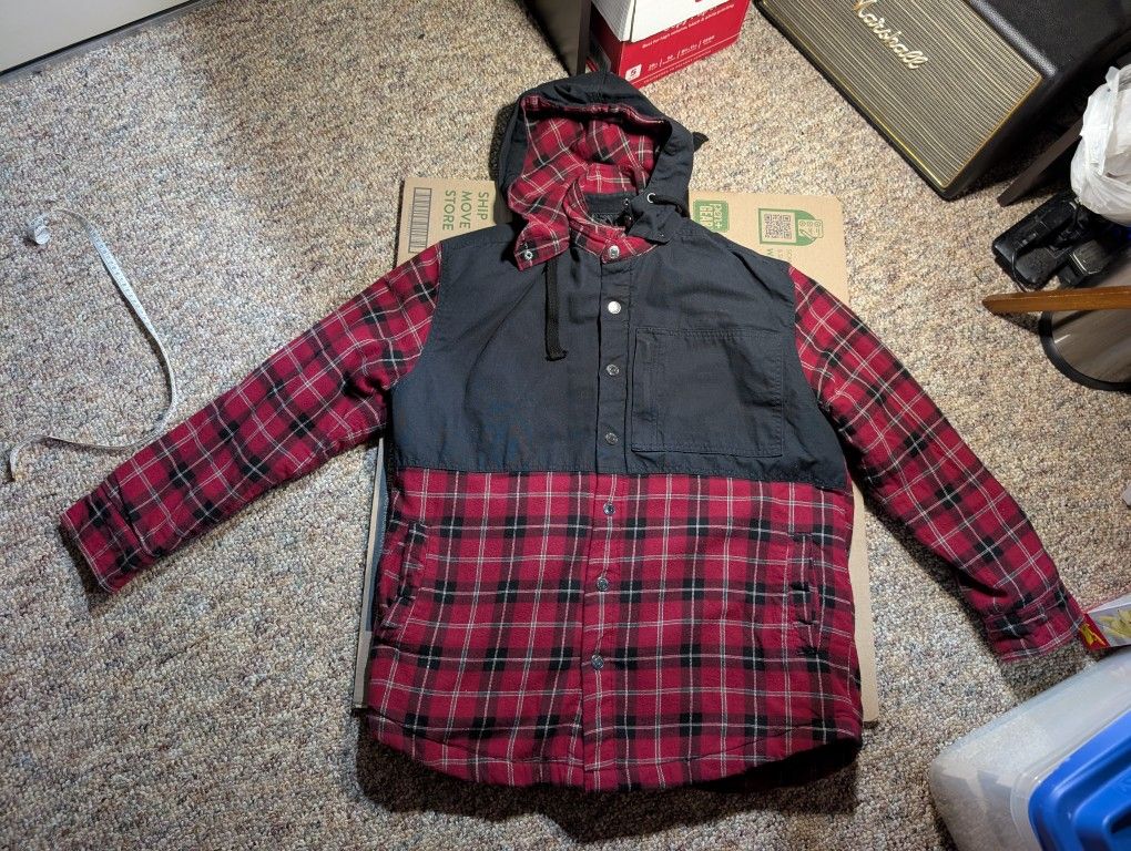 Mens Craftsman Red Flannel & Canvas Shirt Jacket Insulated Hoodied Size M Medium