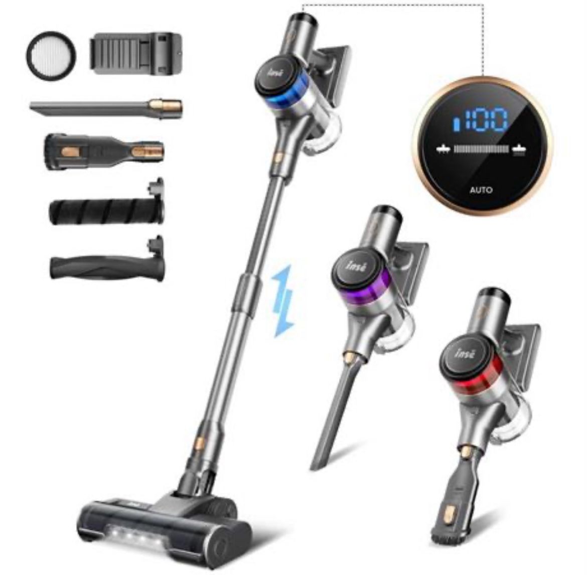 INSE Cordless Vacuum Cleaner - 400W Brushless Motor with 55min Runtimes, Stick Vac Cleaner for Pet Hair Carpet Hardwood Floor