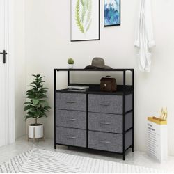Rustic 6 Drawers Dresser with Open Shelf, Closet Storage Organizer,Versatile Cabinet with Sturdy Steel Frame,Wood Shelf and Removable Fabric Bins for 