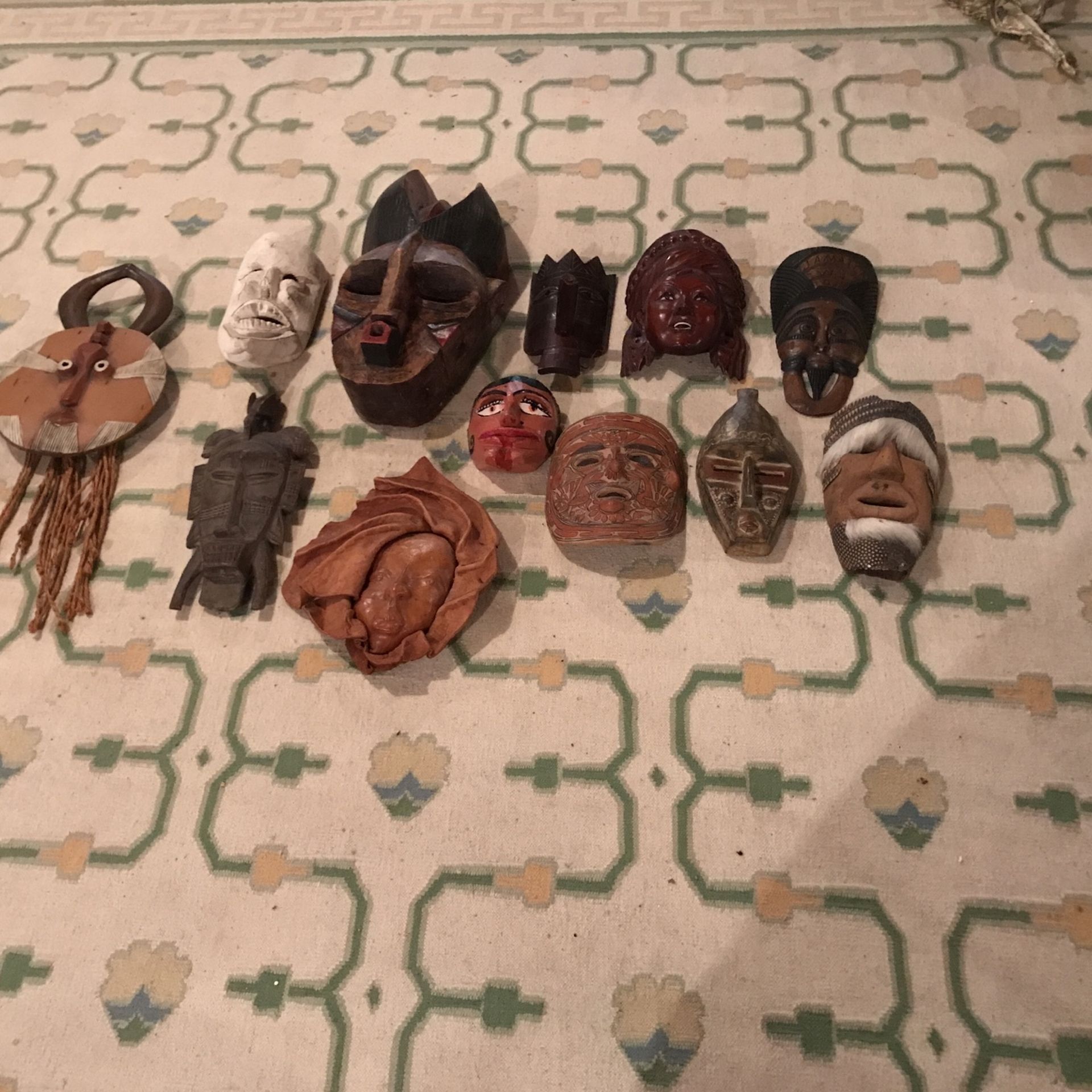 Mask Collection Vintage Magnificent. Priced per piece separately, please ask for individual mask prices. Dhurrie Rug $245-