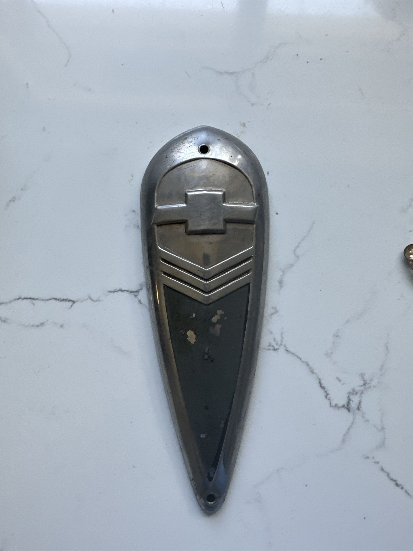 VINTAGE CHEVROLET CHEVY HOOD EMBLEM BADGE SILVER & BLACK METAL