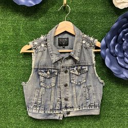 Love Culture Denim Blue Jean Silver Spiked Vest Size Small 