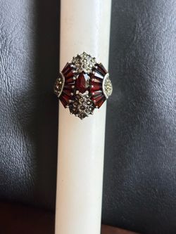 Vintage Sterling Silver & Marcasite Ring with Red Gemstone