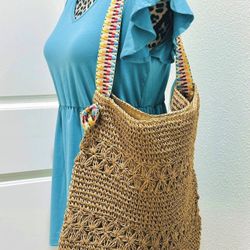 NEW with Tags Woven Boho Tote Bag [Khaki] And Turquoise Top Size Medium 