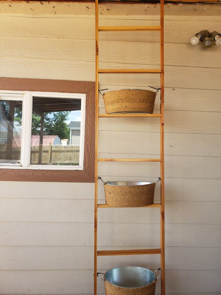 Wood Ladder With 3 Metal And Rope Pots.  8Ft H X 18 1/2in W.