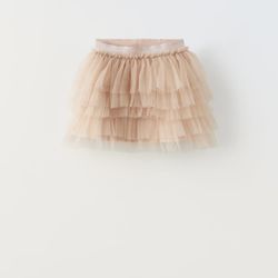 Zara NWT 11-12 sparkly soft tulle skirt. Soft pink with elastic waistband. 100% polyamide with cotton lining.