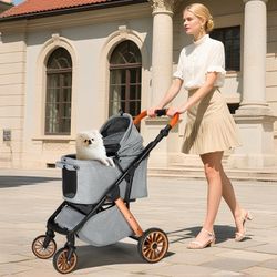 Foldable Dog Stroller for Medium Dogs Cats up to 33 lbs, Aluminum and Carbon Steel Frame Pet Stroller with Cup Holder, Adjustable Height