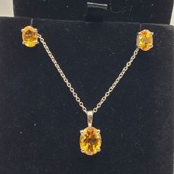 1.68 CT Citrine Quartz Silver Sterling Pendant 18" Chain & Earrings