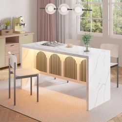 59" Large Imitation Marble Dining Table for 4-6 People - Faux Marble Dining Tablee with Adjustable Lights,Faux Marble Dining Table with Grille Design 