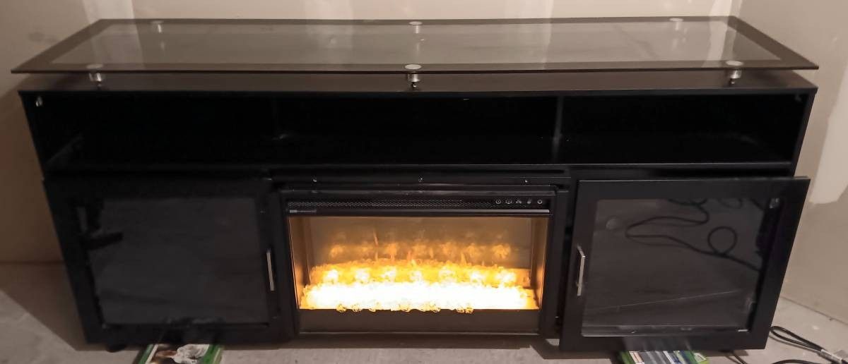 72 Inch TV Stand with Glass Top Desk & Electric Fireplace