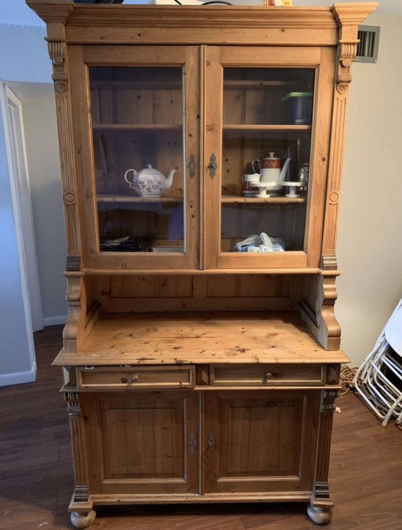 Two piece wooden cabinet hutch