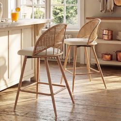 NEW TYBOATLE 26" Swivel Rattan Bar Stools Set of 2, Counter Height Barstools, White