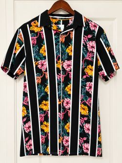 Tropical Floral Stripe Short Sleeve Button-Up Shirt