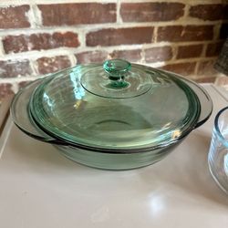 Vintage Green Glass Casserole Dish & Lid MCM