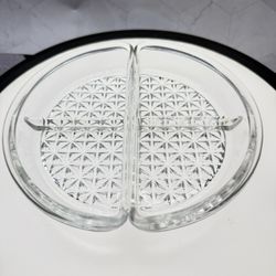 Vintage Quilted Diamond Half Moon Divided Glass Relish Dish Two Piece.