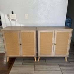 BRAND NEW!!! Beige and Rattan Accent Cabinets w/ Gold Knobs