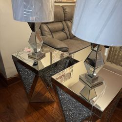 Glass and Mirror Table Set - Three Tables + Two Lamps”
