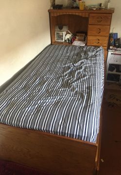 Twin mattress and bed frame with drawers and cabinet